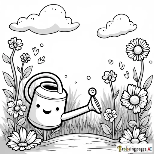 A chibi garden scene with a smiling watering can, cheerful flowers with cute faces, fluttering butterflies, and playful vines curling in soft patterns. - Free Printable Coloring Page