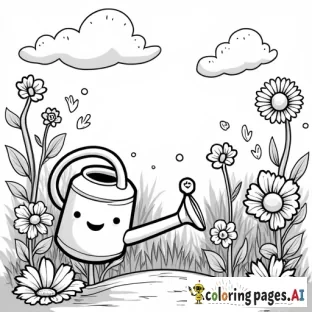 A chibi garden scene with a smiling watering can, cheerful flowers with cute faces, fluttering butterflies, and playful vines curling in soft patterns. - Free Printable Coloring Page
