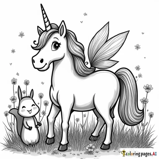 Unicorn with a fairy and a squirrel in a field of wildflowers - Free Printable Coloring Page