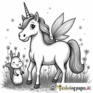 Unicorn with a fairy and a squirrel in a field of wildflowers - Free Printable Coloring Page