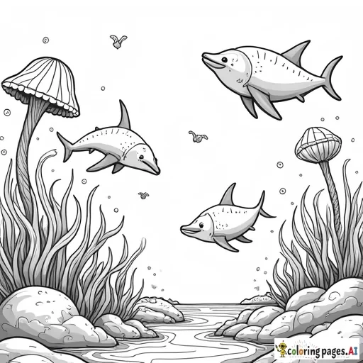 Please create an oceanic scene with jellyfish, manta ray, sharks, and dolphins. - Free Printable Coloring Page