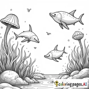 Please create an oceanic scene with jellyfish, manta ray, sharks, and dolphins. - Free Printable Coloring Page