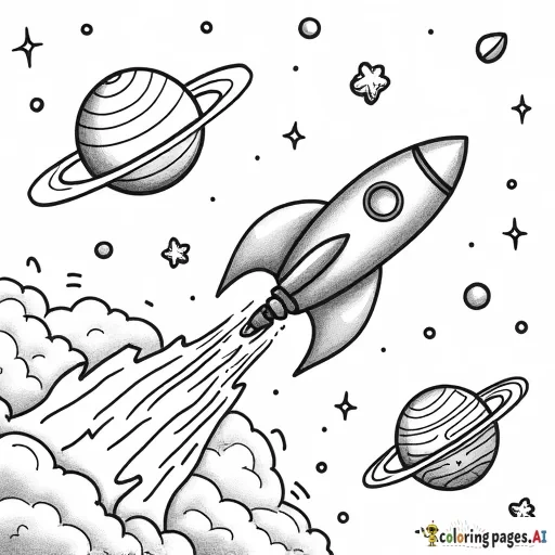 Space Exploration Scene A rocket ship flying through space, surrounded by planets, comets, and stars. Add intricate line patterns inside each planet for a cosmic touch. - Free Printable Coloring Page