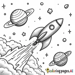 Space Exploration Scene A rocket ship flying through space, surrounded by planets, comets, and stars. Add intricate line patterns inside each planet for a cosmic touch. - Free Printable Coloring Page