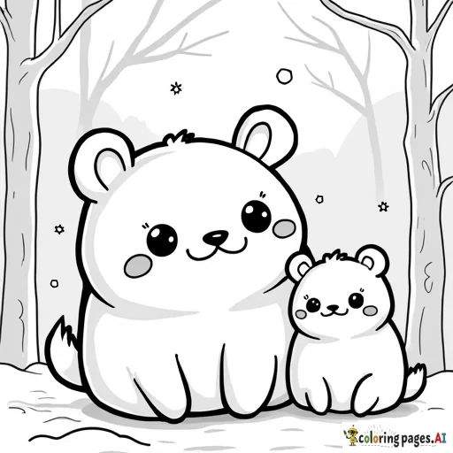kawaii style animals, soft round characters, very simple line work, no shading, winter theme background - Free Printable Coloring Page