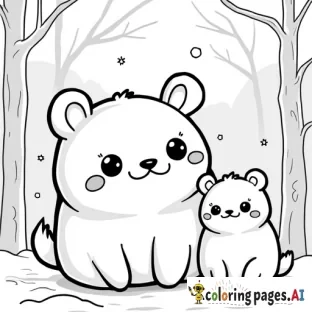 kawaii style animals, soft round characters, very simple line work, no shading, winter theme background - Free Printable Coloring Page
