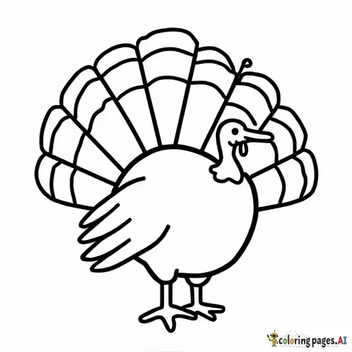 turkey outline, with 5 feathers you can see fully, each feather has 4 bands on it, the bands should be equally spaced - Free Printable Coloring Page