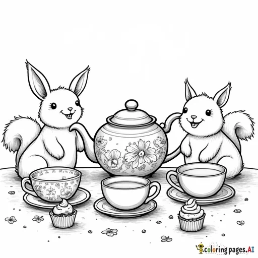 A table with teacups, a teapot adorned with floral designs, and small desserts like cupcakes and cookies, surrounded by smiling animals like bunnies and squirrels. - Free Printable Coloring Page