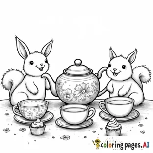 A table with teacups, a teapot adorned with floral designs, and small desserts like cupcakes and cookies, surrounded by smiling animals like bunnies and squirrels. - Free Printable Coloring Page