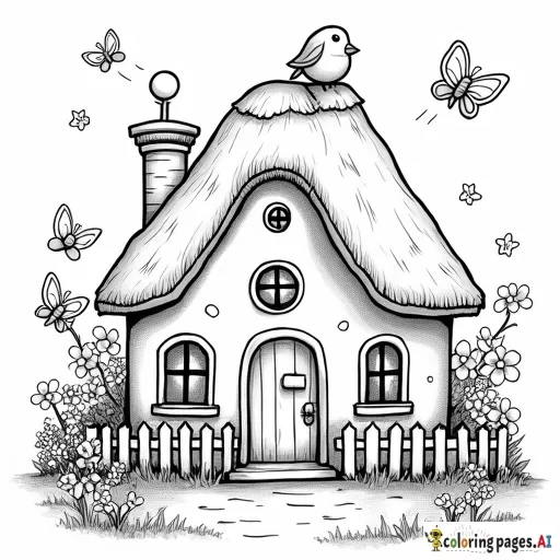A cozy house with a thatched roof, surrounded by blooming flowers, butterflies, and a chubby bird perched on a picket fence. - Free Printable Coloring Page