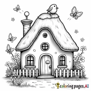 A cozy house with a thatched roof, surrounded by blooming flowers, butterflies, and a chubby bird perched on a picket fence. - Free Printable Coloring Page