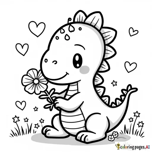 "Kawaii baby dinosaur holding a flower, surrounded by stars and tiny hearts, outline style." - Free Printable Coloring Page
