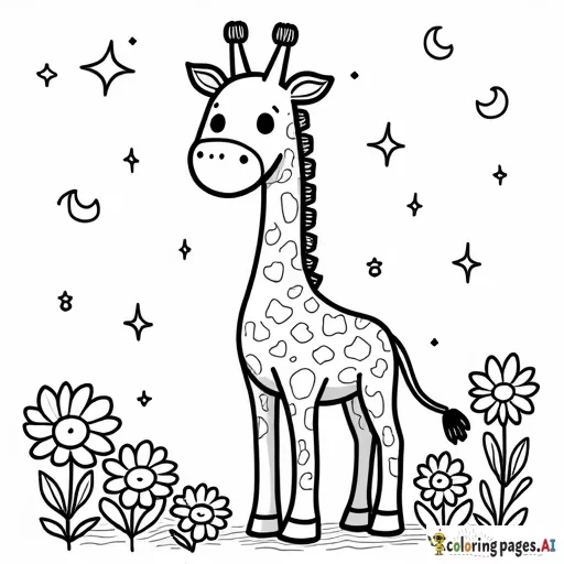 kawaii giraffe standing heart stars moons and candies around him with lots flowers  leave white ample space in the side corners  of flowers - Free Printable Coloring Page
