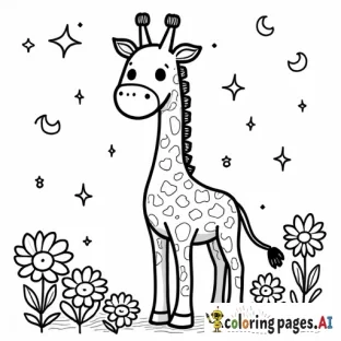 kawaii giraffe standing heart stars moons and candies around him with lots flowers  leave white ample space in the side...