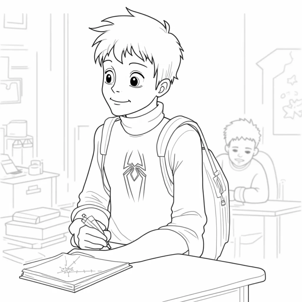 Peter Parker, dressed casually with his Spider-Man suit peeking out from under his shirt, is sitting at his school desk, doodling a web on his notebook. His backpack is open, revealing his Spider-Man mask inside. The classroom is decorated with posters and books, and a few classmates can be seen in the background, creating a light-hearted scene.