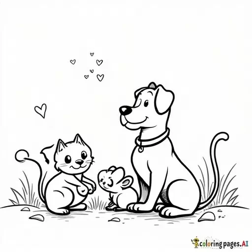 1. Black and white coloring page of a funny cat, mouse, and dog playing together, simple line art for kids.
