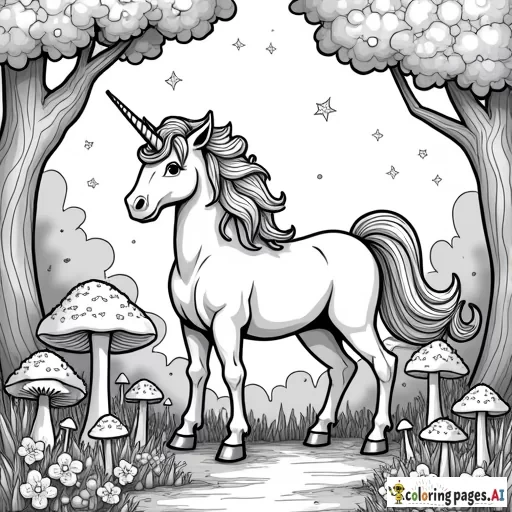 1. Unicorn in a Magical Forest “Black-and-white line art of a unicorn with a flowing mane standing in a magical forest with mushrooms, flowers, and glowing crystals. No shading, clean outlines, whimsical style.”