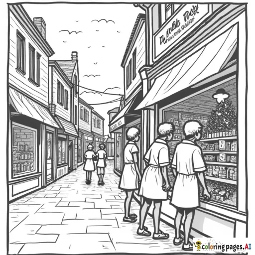 1950s Vintage Christmas town with toy store and stores and a group of teens looking in a shop window