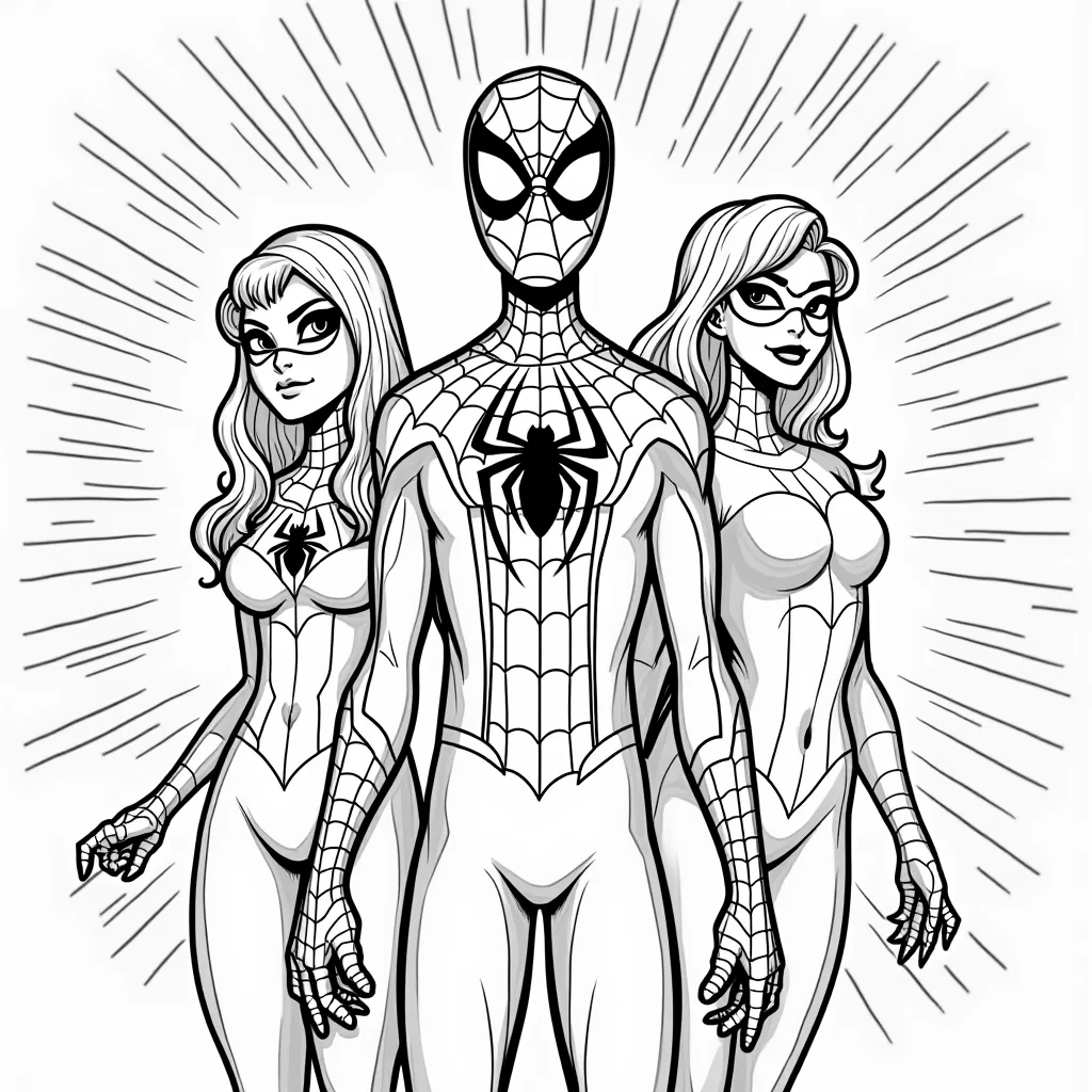 Spider-Man is joined by other characters from the Spider-Verse, like Spider-Gwen, Miles Morales, and Spider-Ham. Each character is in a unique pose that reflects their personality, with a colorful, comic-book-style background full of vibrant city elements and action bursts.