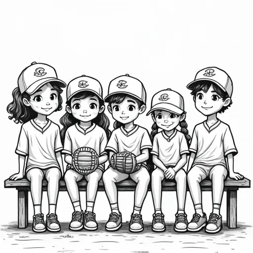 2 girls and 3 boys sitting in a baseball dugout with some properly scaled baseballs, bats, gloves, catchers mask, water bottles, 1 girl with glasses, 1 boy with braces, 1 girl and 2 boys sitting and the others standing, this should be appropriate for 5-9 year olds with thick lines and open shapes for coloring - Free Printable Coloring Page