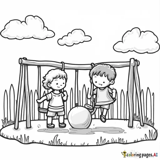2 kids playing in the park,  one girl and one boy, put around slide, swing etc