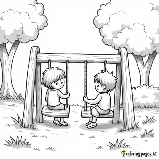 2 kids playing in the park,  one girl and one boy, put around slide, swing etc