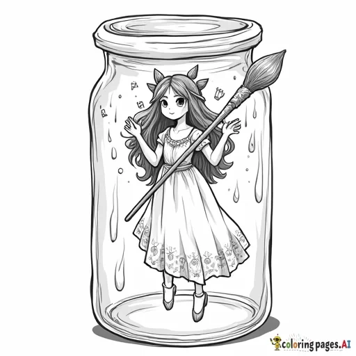 2D digital illustration :: A forest-elf floating in the air, she is holding a magical-paint brush. she is standing inside a glass jar ::high detail, perfect hands, perfect face ::  in the style of demizu posuka,