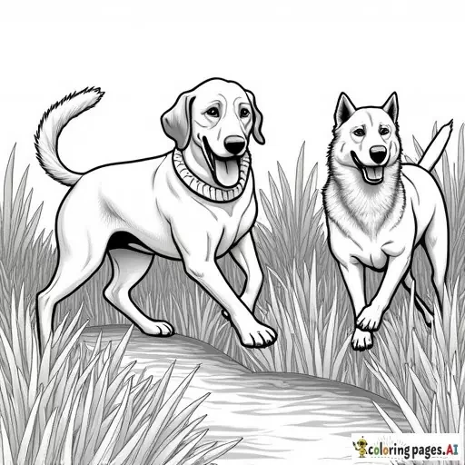3 grown dogs frolicking, wrestling and even chasing tails in the meadow down by the river fishing with their owner. to be done in lineart B&W only as coloring pages but include intricate mandala patterns inside all the dogs and humans filling in their shapes