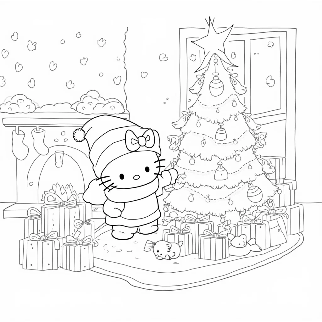 Hello Kitty is joyfully decorating a Christmas tree in a cozy living room, surrounded by wrapped presents and twinkling lights. She’s wearing a cute Santa hat and a cozy scarf as she places a shiny star on top of the tree. The tree is covered in ornaments, candy canes, and little bows. In the background, there’s a fireplace with stockings hanging, and snow gently falling outside the window. Hello Kitty’s friends are helping, with one holding a gift and another hanging a candy cane. The scene is festive and cheerful, with large, simple shapes perfect for kids to color.