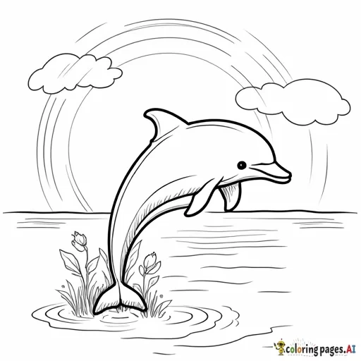 dolphin that is jumping out of the water, an there are rainbows and the sun behind the dolphin