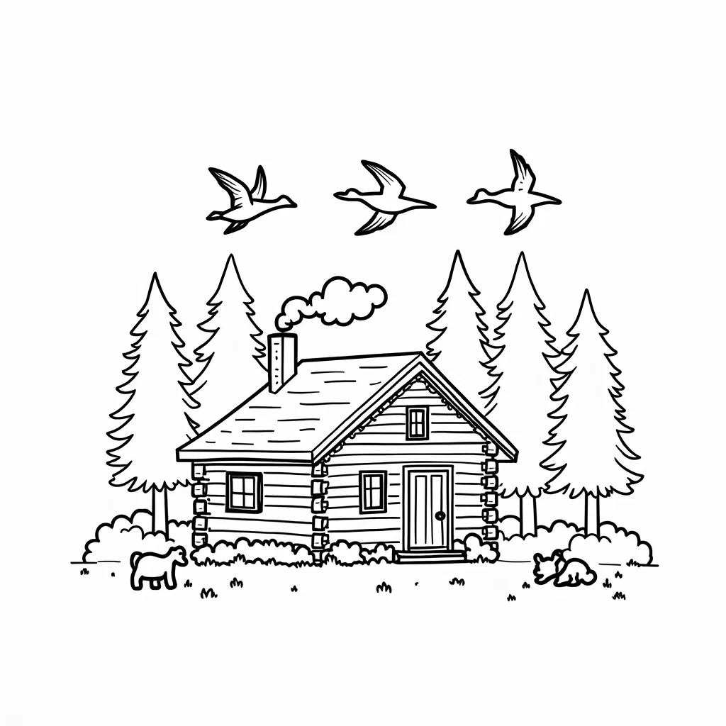 A cozy log cabin sits in the middle of a colorful autumn forest. Smoke is gently rising from the chimney, and there’s a stack of firewood by the door. A family of deer is grazing nearby, and a few squirrels are playing in the leaves. The sky is filled with flying geese heading south.