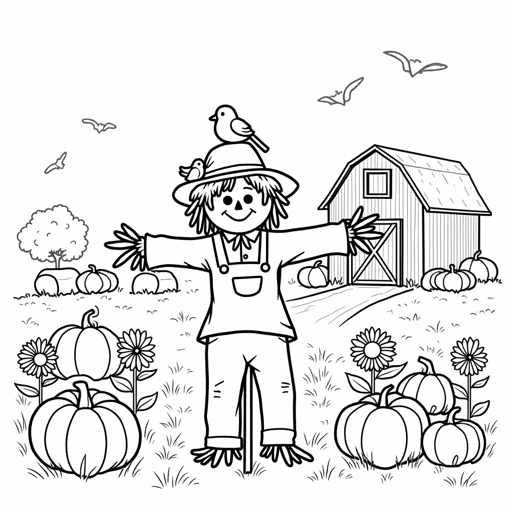 A cheerful scarecrow stands in the middle of a bountiful pumpkin patch, surrounded by pumpkins of all shapes and sizes. In the background, there are hay bales, sunflowers, and a barn with a big red door. A few birds are perched on the scarecrow’s hat, and leaves are gently falling from the trees.