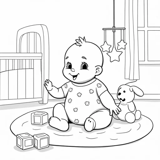 A cute, chubby baby is sitting on a soft blanket in a nursery, surrounded by fun toys like a teddy bear, a rattle, and a stack of colorful blocks. The baby is smiling and reaching out towards a mobile hanging above, with little stars and moons dangling from it. In the background, there’s a cozy crib with polka-dotted bedding and a big window letting in sunlight. The baby is wearing a onesie with tiny animal prints, and there’s a soft, fluffy bunny nearby. The scene is simple, sweet, and full of soft shapes, perfect for little ones to color.