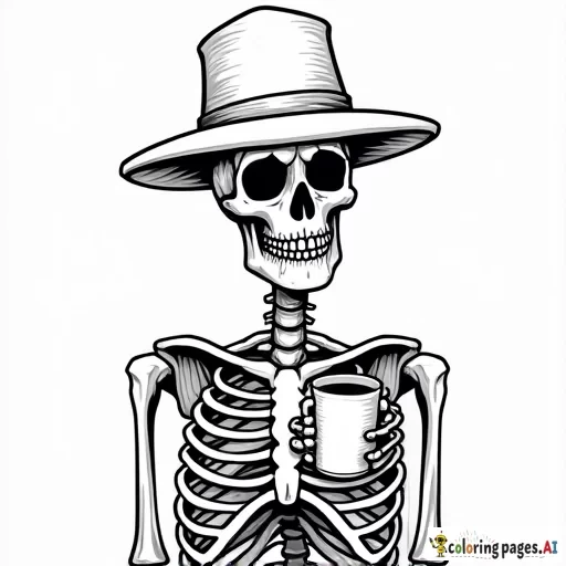 Skeleton wearing a fedora holding a cup