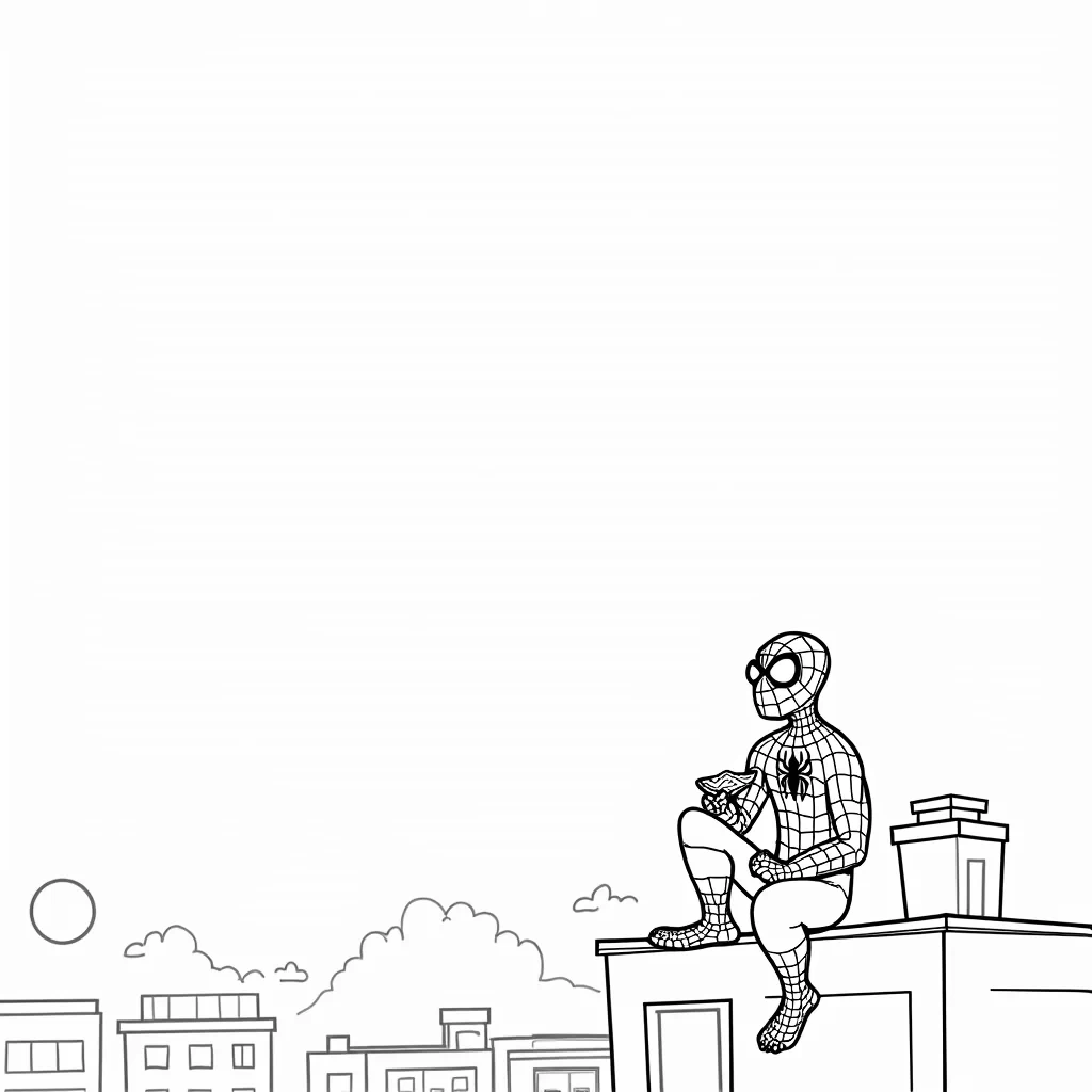 Peter Parker, dressed as Spider-Man, is sitting on a rooftop, eating a slice of pizza while looking out over the city. His mask is pulled up to his nose, and he looks relaxed and happy. In the background, the sun is setting, casting a warm glow over the buildings, creating a peaceful and relatable moment.