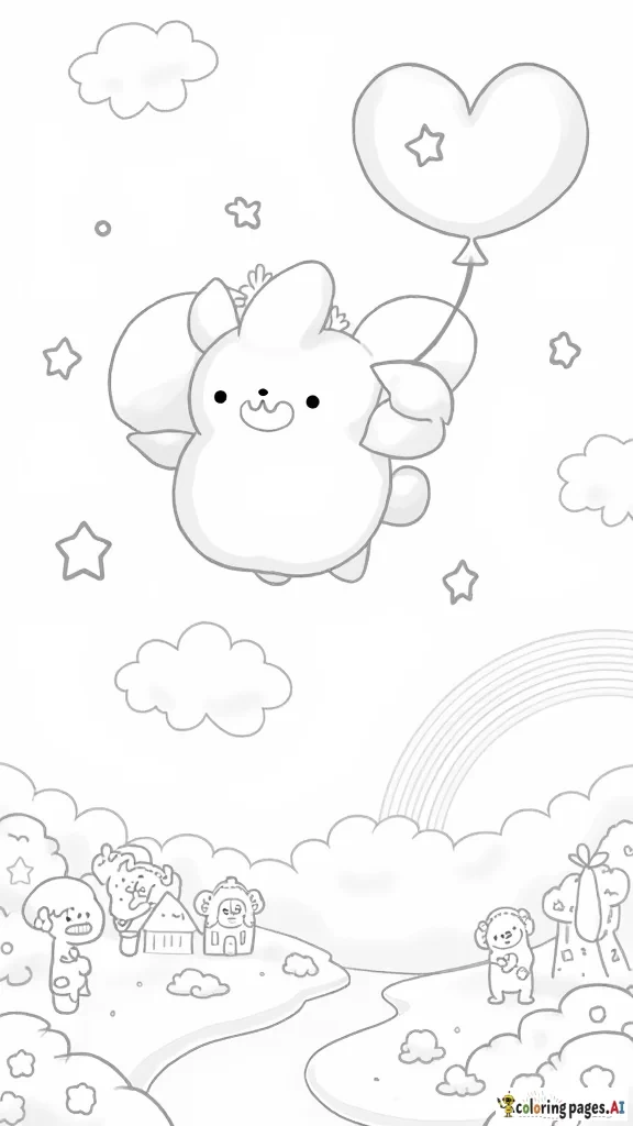Cinnamoroll is flying through a dreamy sky with his big, floppy ears acting like wings, surrounded by fluffy clouds and twinkling stars. He’s holding a cute little balloon shaped like a heart, and there’s a trail of sparkles behind him as he floats happily. Below, there’s a small village with candy-like houses and a winding river, giving the scene a whimsical and magical feeling. His puppy friends are waving up at him from the ground, and in the distance, a rainbow arcs across the sky. The scene is light, fun, and filled with large, simple shapes for kids to color.