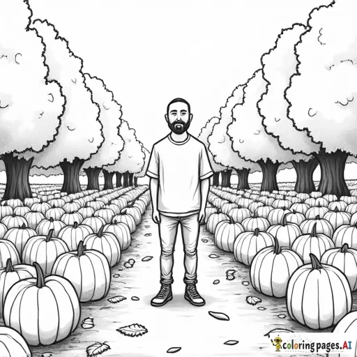 a man standing in a pumpkin patch with trees and fallen leaves