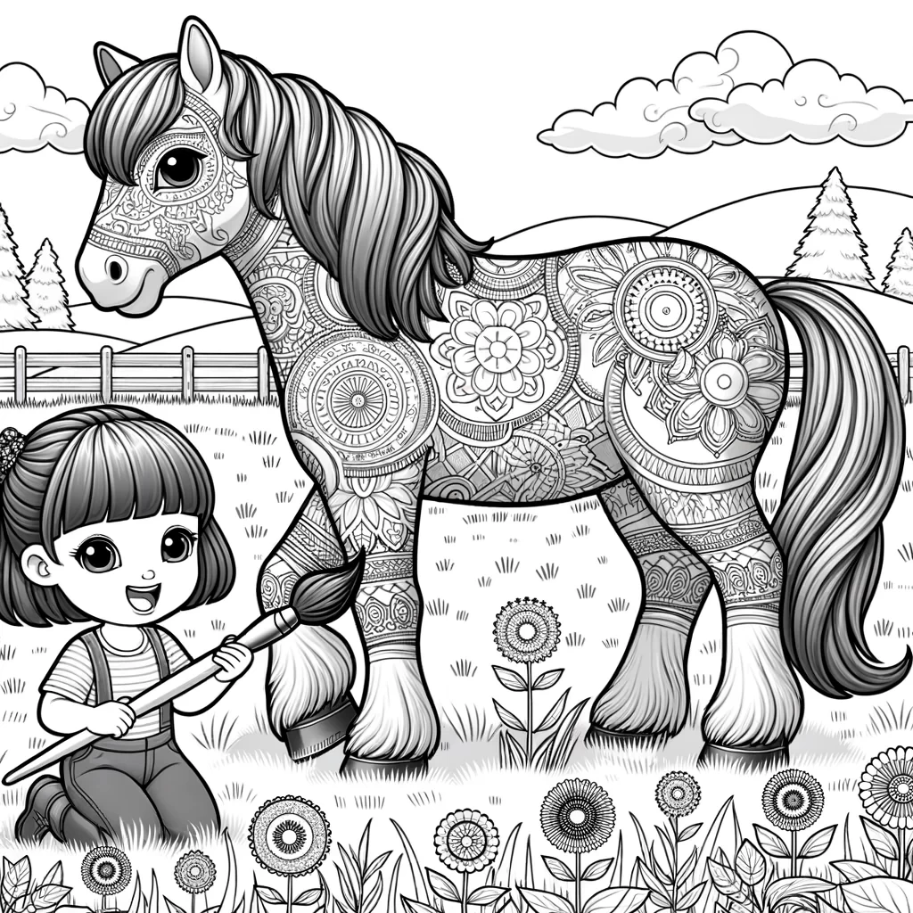 Horse coloring page with 5 years old kid on it with a lot of painting area