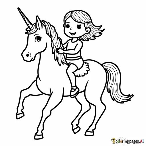 5 years old girl riding unicorn coloring page
