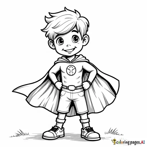 Superhero child in a cape with a big smile standing with hands on hips on a sunny summer day