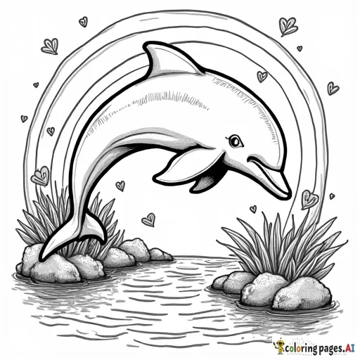 dolphin that is jumping out of the water, and there are fish and coral and hearts and there are rainbows and the sun behind the dolphin