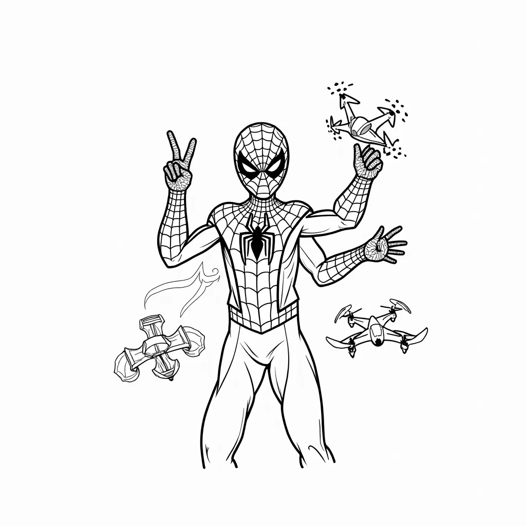Spider-Man is demonstrating his different web gadgets, like web-shooters, web bombs, and his spider-drone. He’s in a cool action pose, with each gadget highlighted around him, showing their unique functions. The background features a high-tech lab or workshop, adding a futuristic feel to the scene.