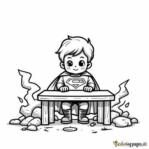 A superhero child in a cape hiding under a sturdy table protecting himself during an earthquake