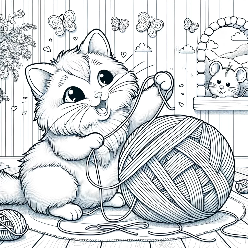A friendly, fluffy cat with big, smiling eyes is happily playing with a ball of yarn. The yarn is unraveling all around, making fun loops and patterns. In the background, a cute little mouse peeks out from a small hole in the wall, holding a tiny piece of cheese. There are butterflies flying above the cat, and the sun is shining through a window, filling the room with warmth. The scene is playful and simple, with large spaces for coloring.