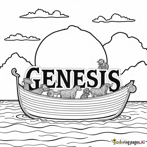the word "GENESIS" with animals on an Ark on the ocean with mountains in the background