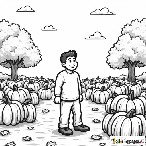 a man standing in a pumpkin patch with trees and fallen leaves