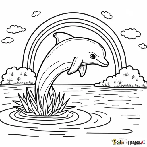 dolphin that is jumping out of the water, an there are rainbows and the sun behind the dolphin