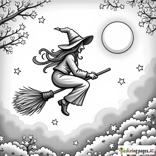 adult coloring page, grayscale, create an intricate image of a witch flying on a broomstick in front of a full moon in an autumn sky