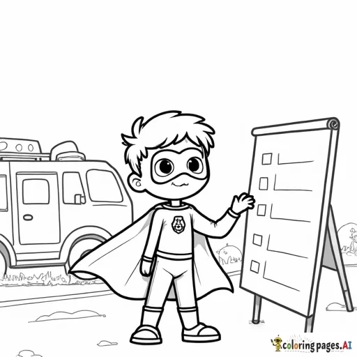 Superhero child in a cape checking off items on a check list with a large cartoon firetruck in the background