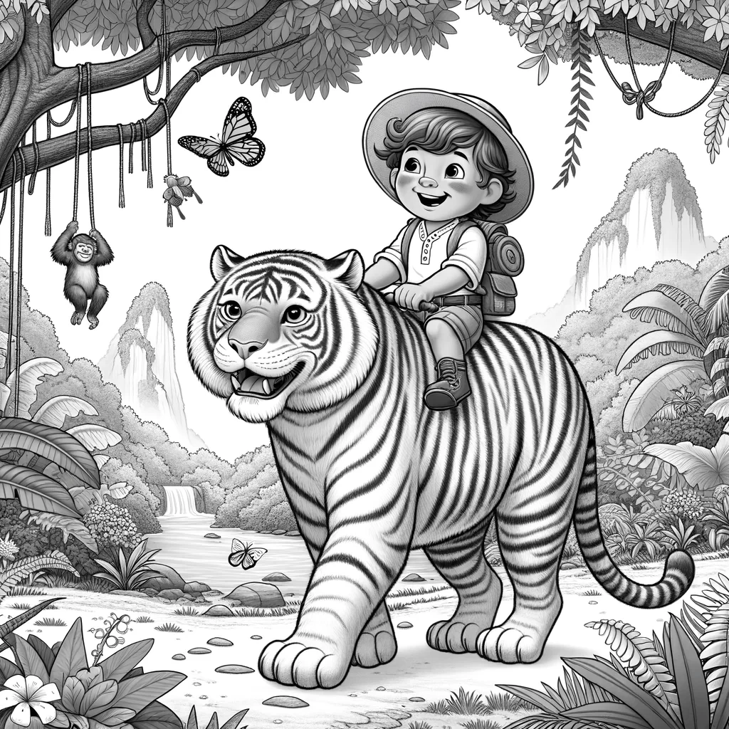 A brave 3-year-old boy with a big smile is riding on the back of a gentle, friendly tiger through a magical jungle. The tiger is soft and calm, with wide stripes and a fluffy tail. The boy is holding on to the tiger’s fur, wearing a fun explorer’s hat, and both of them are surrounded by tall trees, colorful flowers, and playful monkeys swinging from vines. The tiger’s expression is peaceful, and there are butterflies fluttering around. In the background, a waterfall flows gently, and a rainbow arches over the sky. The scene is playful and adventurous, with lots of large, simple shapes for coloring.